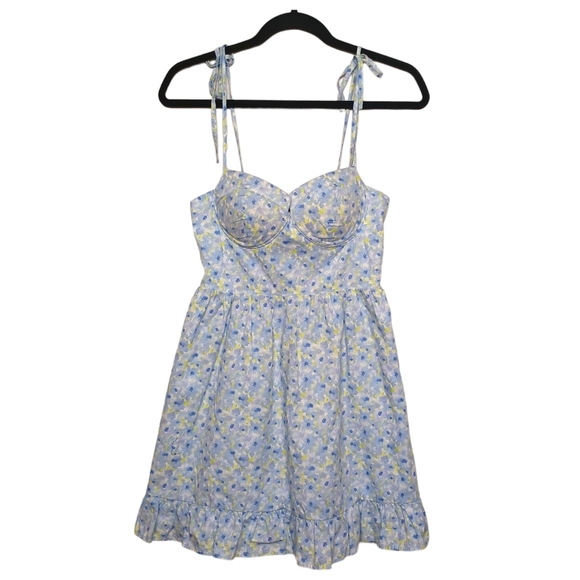FOREVER 21 Blue Yellow Floral Print Smocked Strappy Sleeveless Mini Dress Small - Picture 5 of 9
